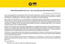 Respaldan alcaldes del PRD acciones de Sheinbaum y Bedolla por esclarecer crimen de Carlos Manzo